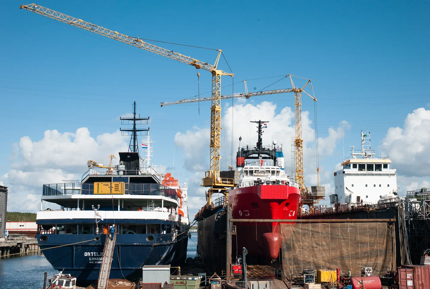 Schiffe und Kräne auf einer Werft.